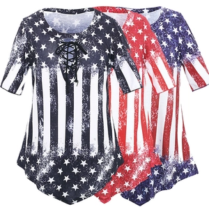 Women's V-neck t-shirt featuring American flag prints and stylish criss-cross front straps