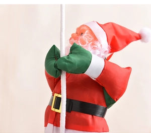 Detailed close-up of a 30cm climbing Santa Claus plush ornament on white rope