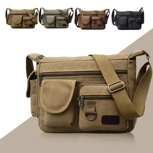 Men Crossbody Bag Canvas Multi Pocket Large Capacity Vintage Workwear Retro Shoulder Messenger Pack