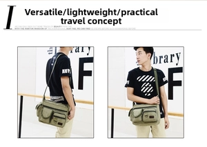Detail view of military green canvas messenger bag with multiple tactical pockets