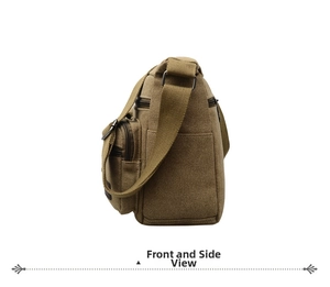 Side view of khaki canvas crossbody bag with main zipper and buckle pocket details