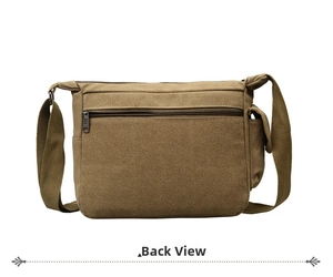 Detailed back view of tan canvas crossbody bag featuring a horizontal zipper pocket