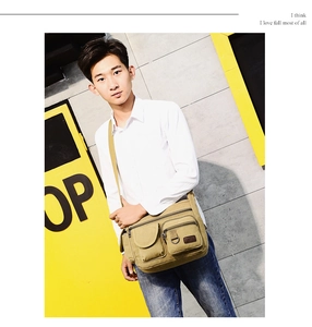 Detailed view of khaki canvas crossbody bag with multi-pocket design and utility strap hooks