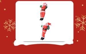 Detail of two 40cm Santa Claus dolls climbing a white rope for festive home decoration