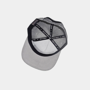 Gray snapback hat with USA flag embroidery and adjustable plastic closure strap