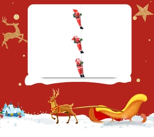 Three Santa Claus dolls climbing on a white rope for festive Christmas home decoration