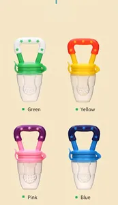 Silicone baby fruit feeders in green, yellow, pink and blue colors with star shaped handles