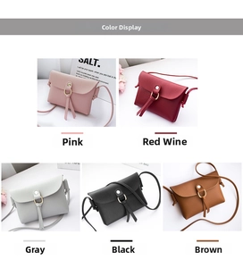 Mini crossbody bags displayed in pink, red wine, gray, black and brown colors