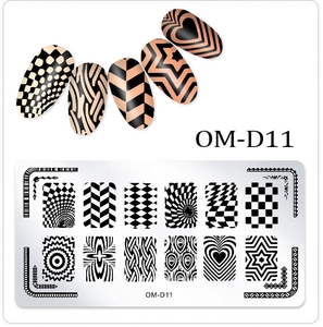 Detail of OM-D11 nail stamping plate with geometric patterns and manicure examples