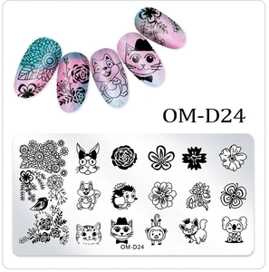 Detail of OM-D24 nail stamping plate with cute animal patterns and floral nail art designs
