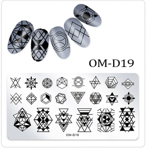 Detail view of rectangular stainless steel nail stamping plate with geometric patterns