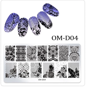 Detail of OM-D04 nail stamping plate featuring lace floral and butterfly patterns