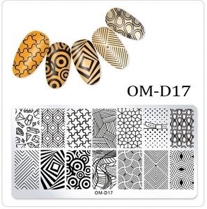 Detailed nail stamping plate OM-D17 with various geometric patterns and nail art results