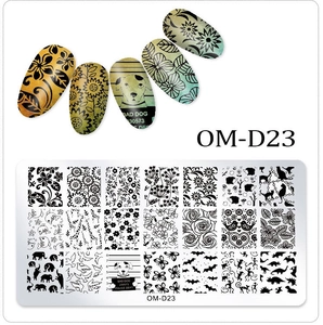 Detail of nail art stamping plate OM-D23 with various floral and animal etched patterns