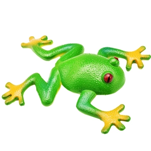 Realistic green and yellow frog squeeze toy with textured surface and red eyes