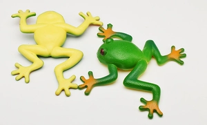 Detailansicht der weichen Gummifrosch-Spielzeuge in Gelb und Grün mit echter Textur