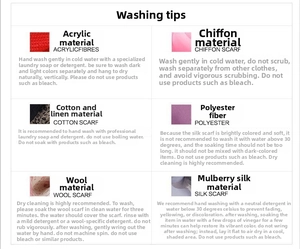 Care guide for tie-dye plaid scarves showing washing instructions for cotton and silk fabrics