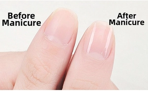 Comparison showing natural nail before and after using the professional crescent nail file