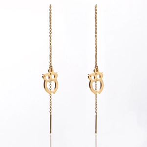 Golden owl charm long chain drop earrings for women with minimalist animal design style