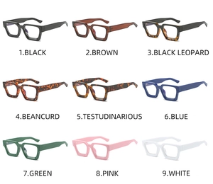 Detailed grid display of retro thick frame square glasses in nine varied fashion colors