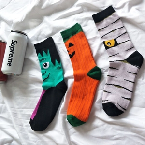 Halloween Cartoon Mid Calf Socks Cotton Blend Knitted Pumpkin Mummy Frankenstein Jacquard Holiday Accessories Unisex