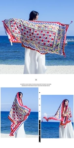 Ethnic style cotton linen shawl with colorful floral patterns and decorative tassels