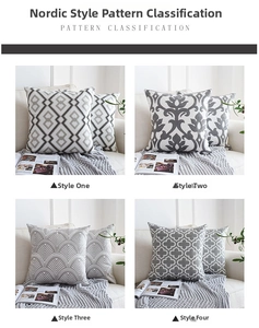 Gros plan sur quatre housses de coussin nordiques aux motifs géométriques variés