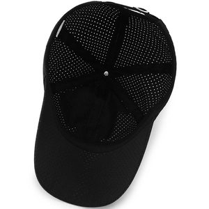 Internal view of a black breathable mesh baseball cap with reinforced stitching and top button