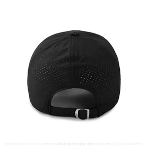 Rear view of black mesh baseball cap showing adjustable metal buckle and breathable holes