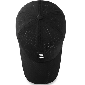 Black laser-cut breathable baseball cap with letter patch for outdoor sports and sun protection