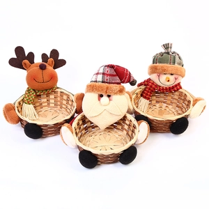 Three-piece Christmas bamboo storage basket set with Santa, reindeer and snowman dolls