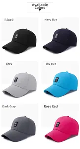 Mesh baseball caps shown in six colors including black, blue, and pink for summer