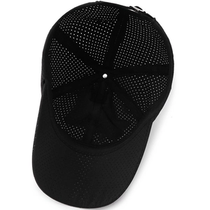 Men's black outdoor baseball cap featuring laser-cut breathable holes and inner structure
