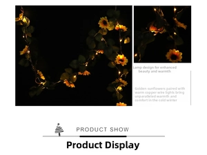Detail of sunflower garland with warm LED copper wire lights for home decoration