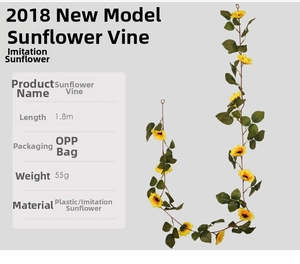 Detail view of 1.8m artificial sunflower vine with yellow flowers and green leaves