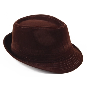 Classic dark brown corduroy fedora hat for men in a 45-degree stylish studio view