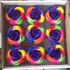 Rainbow gradient artificial rose soap flower box with 9 vibrant petals for DIY gifts