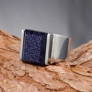 Bague punk gothique pour homme en acier titane avec pierre bleue sur écorce d'arbre