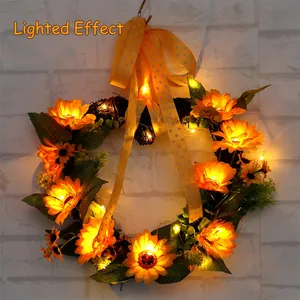 Couronne cœur de tournesols artificiels avec LED chaudes et ruban jaune à pois déco
