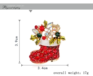 Detailed size specifications of the Christmas boot brooch with crystal rhinestones