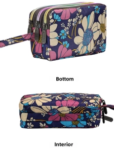 Detailed view of the three-layer zipper compartments on a floral fabric clutch wallet