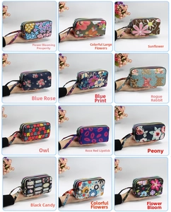 Detailed view of large fabric wallet features three-layer zippers and floral patterns