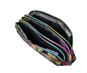 Three-layer floral canvas clutch purse with colorful zippers and spacious compartments