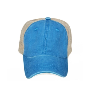 Detail of blue washed cotton baseball cap with breathable beige mesh and vintage style