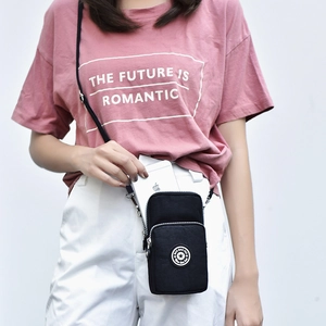 Vertical black fabric crossbody phone bag with double zipper and adjustable strap