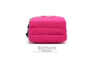 Bottom view of small magenta crossbody nylon pouch with triple zipper compartment detail