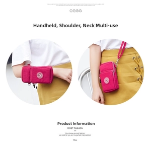 Detail showing versatile rose red nylon mini phone bag worn on arm and as neck strap pouch