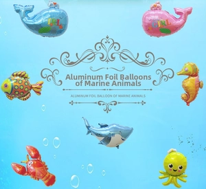 Various marine animal aluminum foil balloons including shark lobster and baby girl whale