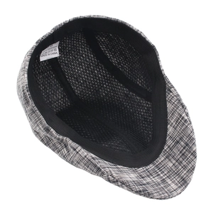 Unisex grey striped cotton newsboy cap featuring breathable mesh lining and 100% cotton label