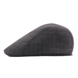 Classic British style grey plaid cotton flat cap for men and women in side view